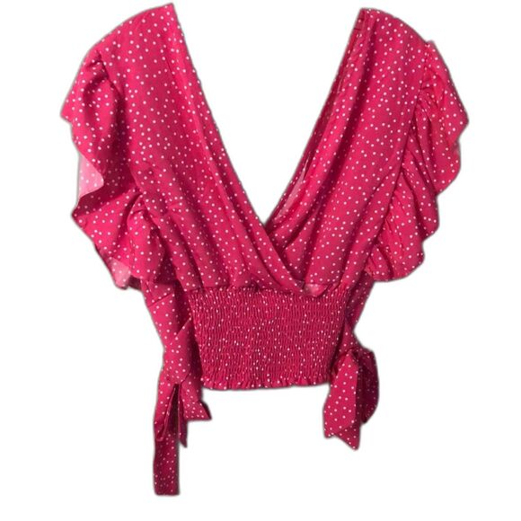 SHEIN CURVE XL PINK AND WHITE POLKA DOT DEEP V BLOUSE SMOCKED HEM TIE SIDES - Picture 1 of 7